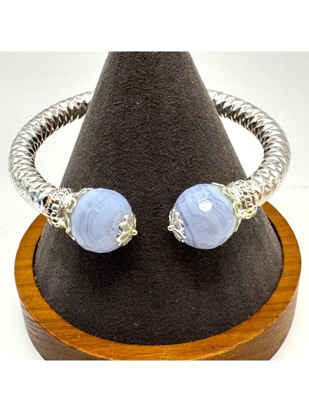 VTG Solid Sterling Silver 925 Lace Agate Open Cuff Bracelet Size 7.5" FIt